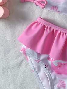 Cute Pink Whale & Shell Print Ruffle Trim Baby/Baby GirlSwimsuit Set Toddler Girl Swim Wear Under The Sea Bathing Suit Toddler Girl Baby Girl Rash Guard Swimsuit Swimwear For 2 Years Old Girl Toddler Rash Guard Girl Baby Ruffle Bathing Suit Toddler Girl Dolphin Swimsuit Ruffle Mermaid Bathing Suit Baby Ruffle Swim Toddler Girl Swimwear - Pink - View 7