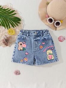 Elladie kids Cute Light Wash Denim Straight Leg Shorts For Young Girls With Cartoon Bear And Flower Patterns Pockets - Light Wash - View 4