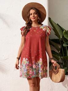 SHEIN LUNE 大码休闲假日花卉蝴蝶印花镂空领连衣裙 情人节 - 紅色 - 查看 4