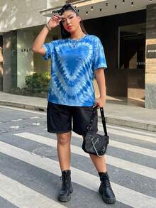 SHEIN EZwear 大码心形扎染印花短袖 T 恤，春夏季休闲 - 藍色 - 查看 3