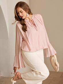 Roveilla 大码女式春夏法式浪漫西西里优雅休闲通勤度假下午茶派对纯色圆领V领蝴蝶结褶皱下摆荷叶袖长袖衬衫 - 淺粉色 - 查看 5