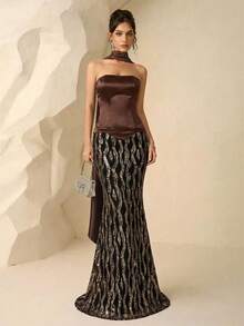 Coutiva Đầm dạ hội trang trọng đính sequin dành cho nữ - màu nâu - Xem 1