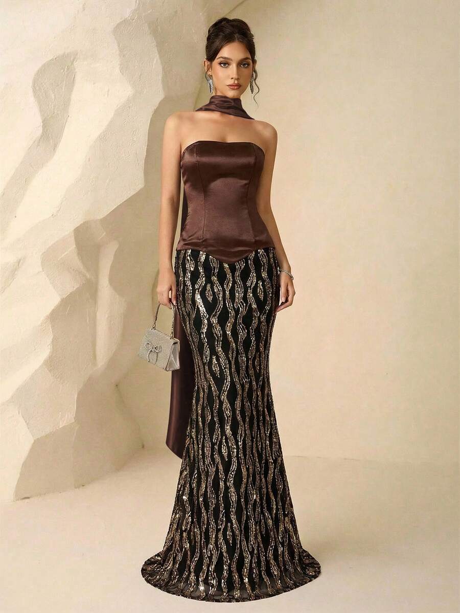 Coutiva Đầm dạ hội trang trọng đính sequin dành cho nữ - màu nâu - Xem 1