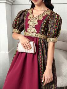 SHEIN Đầm tay phồng họa tiết hình học, phối ruy băng, thích hợp cho bé gái tuổi teen mùa hè. - màu đen - Xem 6