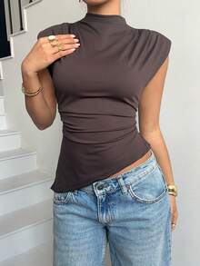 Siren Gaze Women Fashion Solid Short Sleeve Mock Neck Ruched Side Slit Slim Fit Top For Summer Chic Ladies Dark Brown Mock Neck Cap Sleeve Asymmetrical Ruched Hem T Shirt Blouse Dark Brown Top Cap Sleeve Top Chocolate Brown Top - Chocolate Brown - View 2