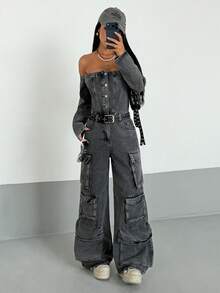 Jeanoix Women's Off-Shoulder Long Sleeve Single-Breasted Multi-Pocket Wide-Leg Denim Jumpsuit - Black - View 6