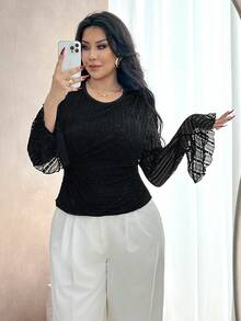 Modelyn Elegantes, lässiges Oversize-Damen-Shirt mit geraffter Vorderseite, plissierter Textur-Strickspitze, Rundhalsausschnitt, für Frühling/Sommer - Schwarz - Übersicht 3