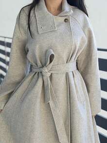 Durrani Popal Autumn And Winter Women's Casual High-Neck Button Belt Long Woolen Coat, Old Money Style Women's Clothing/Women's Office Wear/Outing Wear, Women's Autumn Clothing - Apricot - View 3