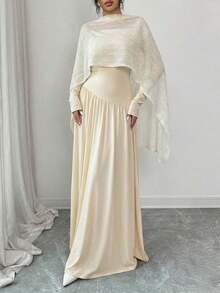 Modelyn 女士纯色褶皱披肩领优雅长裙，适合派对穿着 - 卡其色 - 查看 1