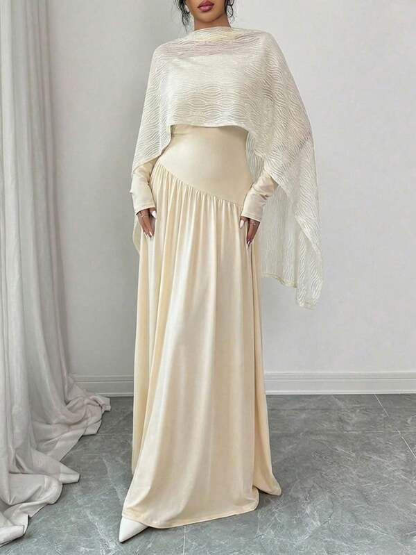 Modelyn Women's Solid Color Pleated Shawl Collar Elegant Long Dress For Party Cream Long Dress Creme Dress Ivory Dress Cream Two Piece Set