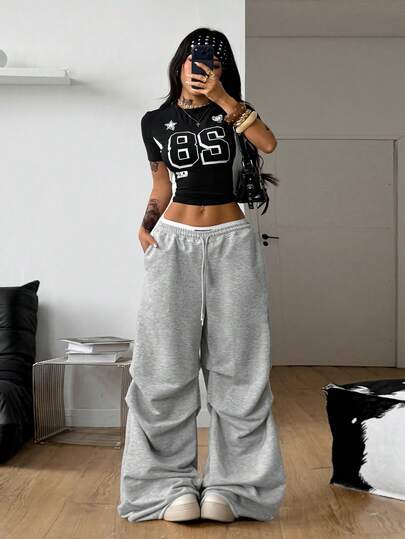 Coolane Women's Spring Streetwear Vintage Y2K Rave Outfit Renaissance Fair Club Outfits Party Hippie Music Festival Country Concert Grey Wide Leg Sweatpants