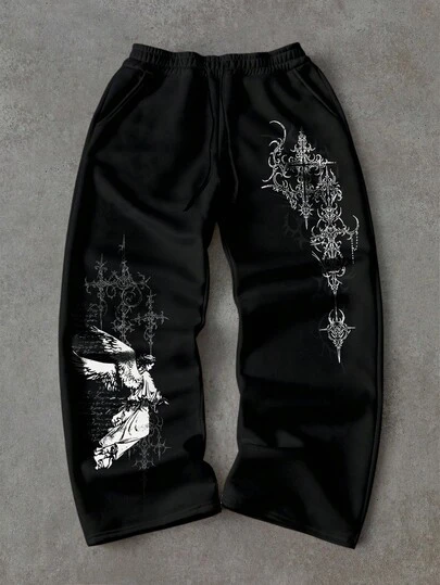 Manfinity ZONE917 Men's Loose Distressed Gothic Dark Thorn Floral Angel Print Straight Leg Fleece Sweatpants Goth Sweatpants