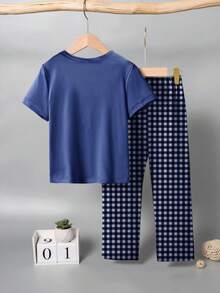 1set Young BoyPlaid Print Short Sleeve Top And Pants 2 Pieces Pajama Set, Casual, Spring/Autumn - Blue - View 2