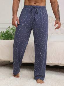DAZY 男士蓝色碎花宽松腰长裤，春夏家居服 - 藍色 - 查看 4