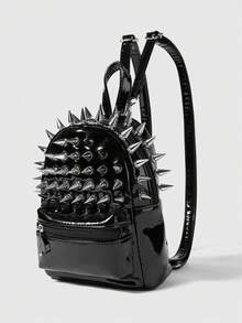 ROMWE Grunge Punk Niche Design Rivet Tassel Pleated Dual Shoulder Bag, Punk Street Style - Black - View 3