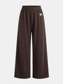 SHEIN Tween Girl 1pc Bow Print Ruched Side Tee & 1pc Pants Co-Ord - Brown - View 6
