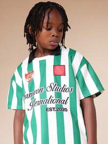 SUMWON Striped Polo Shirt With Vertical Green White Pattern Short Sleeve Collared Top Studios International Print Regular Fit Summer Casual Wear - Green - View 4