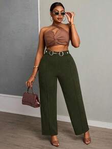 SHEIN Slayr 优雅通勤、派对、约会皆宜的修身纯黑色腰部金属装饰纽扣超长直筒裤，女士加大码，春秋季款 - 軍綠色 - 查看 6