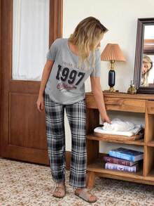 SHEIN Doze Lane 女士休闲格子字母印花睡衣套装