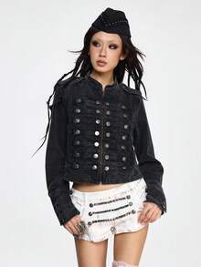 ROMWE Grunge Punk Áo khoác denim rách kiểu cổ điển với khóa kim loại phong cách punk hàng hải. - màu đen - Xem 6