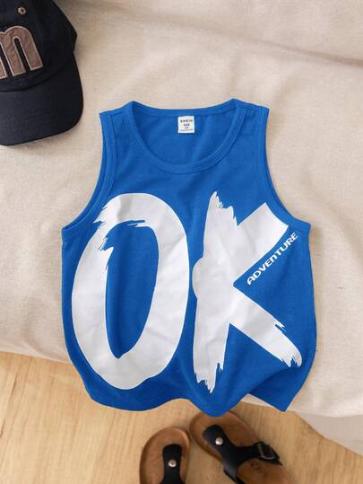 1pc Young Boys Casual Loose Solid Color English Graphic Sleeveless Tank Top, Suitable For Daily Wear, School, Outings, Sports, Spring/Summer