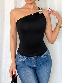 RosyDaze Petite Women's Elegant & Fashionable Black Metal Decor Sleeveless Bodycon Tank Top, Spring/Summer - Black - View 6