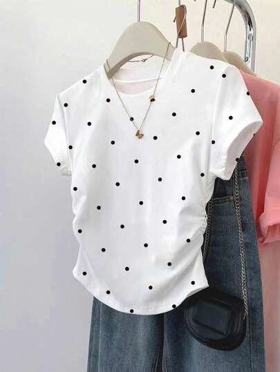 Resyla Women's Casual Tops, Summer New Arrival, Plus Size Clothing, White, Polka Dot Print Pattern Design, Ruched Waist Fitted Style, Versatile & Elegant, Women's Waist T-Shirt