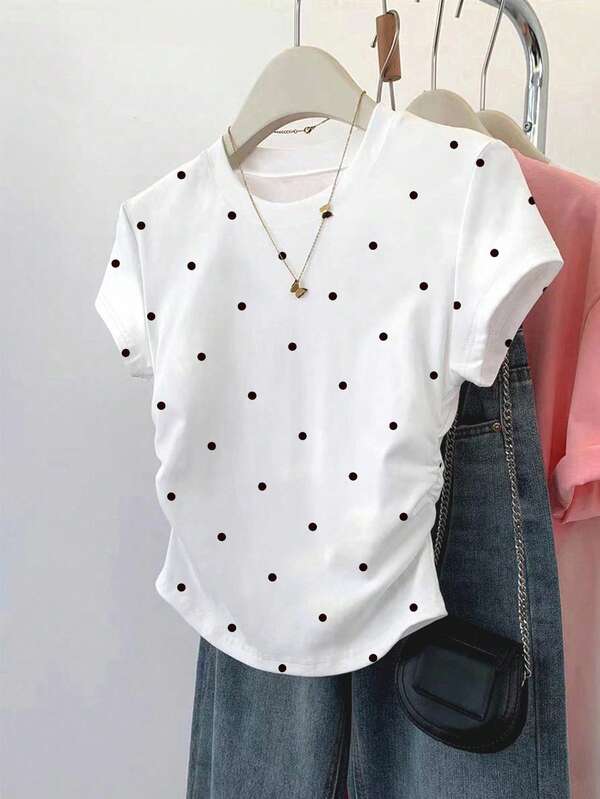 Resyla Women's Casual Tops, Summer New Arrival, Plus Size Clothing, White, Polka Dot Print Pattern Design, Ruched Waist Fitted Style, Versatile & Elegant, Women's Waist T-Shirt
