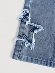 SHEIN Girlism Tween Girls Y2K Spring And Summer Boho Star Patched Faded Frayed Boyfriend Baggy Straight Leg Denim Jeans, Kid's Clothing Outfits - Dark Wash - View 3