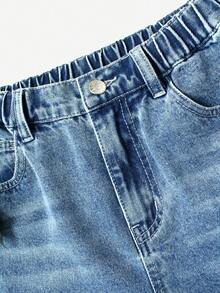 SHEIN Quần jeans ống rộng rách rưới thêu họa tiết thời trang dành cho nữ tuổi teen, chất liệu denim mài kiểu cổ điển, màu xanh lam trung bình, phù hợp cho mùa xuân, hè, thu và đông. - Rửa nhẹ - Xem 5