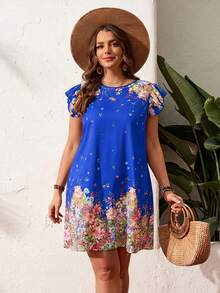 SHEIN LUNE 大码休闲假日花卉蝴蝶印花镂空领连衣裙 情人节 - 藍色 - 查看 4