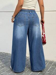 Muchica Plus Size Women's Fashion Washed Straight Pocket Jeans Date, Commute, Party,Fall /Autumn/Winter/Summer,Christmas,New Year,Thanksgiving,Party,Wedding,Beach,Graduati,Chic,Elegant,Casual,Going Out,Date,Appointment,Commute,Shining,Valentine's Day,Elegant ,Vacation,Casual,Y2k,Sexy - Blue - View 2