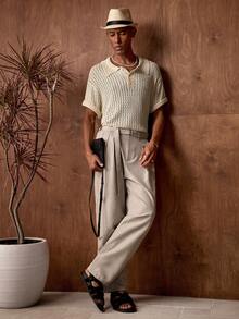 AKNOTIC Business Casual Men's Palm Tree Print Short Sleeve Polo Knit Top, Vacation Wear - Apricot - View 6