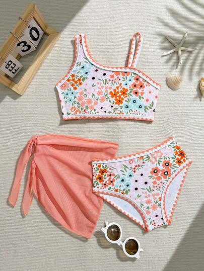 Sparklyn Young Girls Bikini Sets Cute And Lovely Floral Three Piece Swimsuit With Gauze Skirt, Summer Fresh Floral Print With Sun Protection, Light Orange Gauze Skirt, Light Orange Bottom Floral Floral Print, White Border With Orange Floral Bud Lace, Floral Bud Lace Shoulder Strap, Elastic Woven Fabric Suitable For Summer Beach Vacation, Swimming Beach Party, Swimming Pool Party, Creek Party, Holiday, Hot Spring Vacation Girls Beach Sets Kids Bikini Set Two Piece Set Teens Swim Suit Two Pieces Swimsuit For Girls Flower Bathing Suit