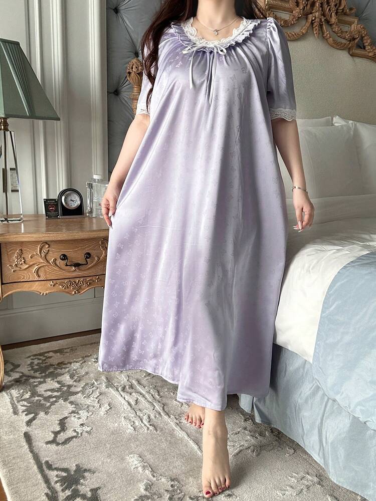 Dazy Plus Fashionable & Elegant Chiffon Contrast Lace V-Neck Loose Plus Size Women Long Nightgown