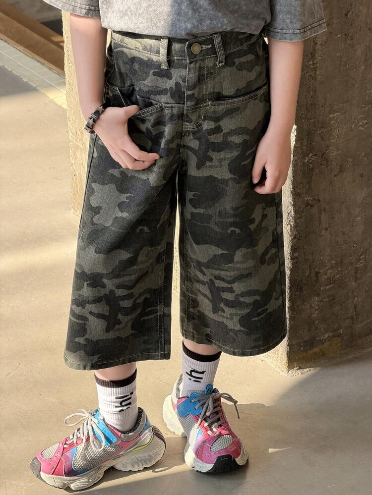 Tween Boy Camouflage Print Pocket Casual Wide Leg Jeans