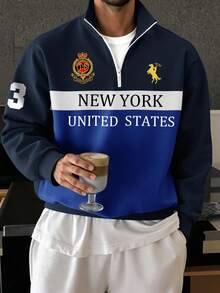 Aesthetic Post 复古美式风格，蓝黑撞色，Polo字母和徽章，马匹标志印花男士秋冬通勤半拉链套头衫 - 彩色 - 查看 3