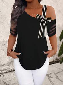 Elenzga Große Größen Damen einfarbiges Mesh Patchwork asymmetrische Schleife Kurzarm modisches T-Shirt - Schwarz - Übersicht 3