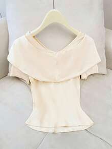 GlowEve Apricot Bowknot Twist Waist Fitted Knit T-Shirt - Apricot - View 2