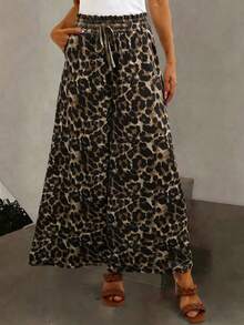 Breezaya 女士夏季新款豹纹弹力腰带系结阔腿裤 - 棕色 - 查看 5