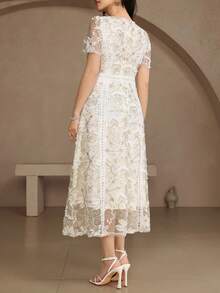 DAZY 优雅蕾丝边短袖连衣裙，青春雅致迷你连衣裙，婚礼宾客礼服/吊带裙 - 金色 - 查看 2