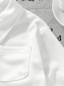 SHEIN 嬰兒男/女童休閒套裝 全白秋季端莊家庭款 素色半拉鍊領長袖套頭上衣 & 無腰帶褲子套組 - 白色 - 查看 5