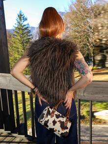 Gretanique 女士优雅时尚简约优雅大气休闲百搭休闲风格秋季复古时尚百搭休闲无袖棕色人造毛皮夹克，纯色钩前人造毛皮马甲夹克，棕色毛皮马甲，复古纯色人造毛皮大衣宽松休闲夹克冬季厚实保暖外套，秋季服装，万圣节服装，秋冬必备品，老钱，万圣节 - 棕色 - 查看 3