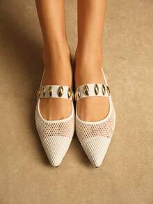 Rosivie Women Casual Versatile Commuting Minimalist Hollow Metal Decor Pointed Toe Flats - White - View 2