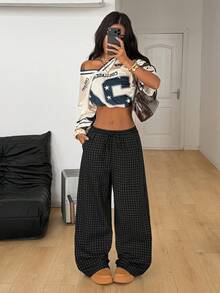 Coolane Women's Summer Country Concert Going Out Beach Outfits Boho Basic Minimalist Washed 100%Cotton White Pants Curved Hem Black Plaid Pants - Black - View 5