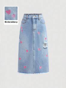 SHEIN 女童粉色爱心刺绣蓝色牛仔破洞裙 - 淺色水洗藍 - 查看 2