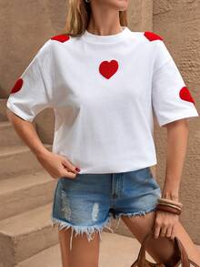 White Cotton T-Shirt With Red Heart Embroidery – Short Sleeve, Cute Minimalist Design - White - View 3