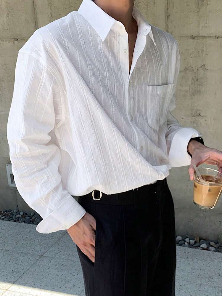 Men's White Long Sleeve Single-Breasted Dress Shirt, Suitable For Commuting, Spring/Summer