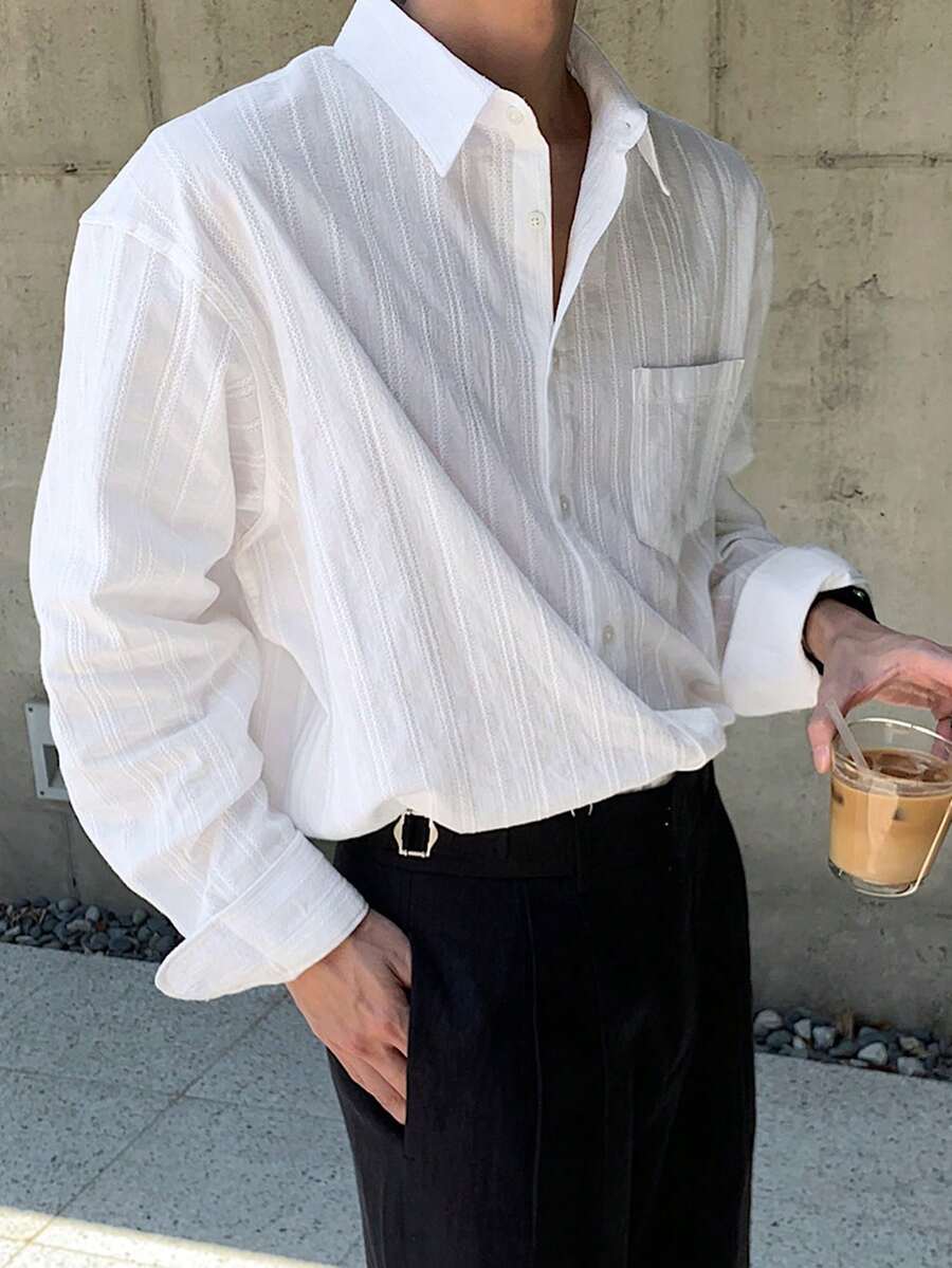 DAZY Men's White Long Sleeve Single-Breasted Dress Shirt, Suitable For Commuting, Spring/Summer - White - View 1