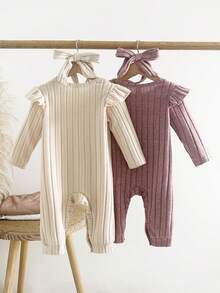 SHEIN 2 piezas Pelele de niña bebé con acanalado y decoración floral linda, versátil para otoño/invierno - Multicolor - Ver 2
